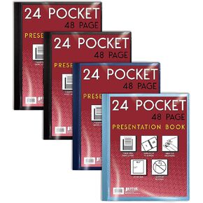 24 Pocket Bound Presentation Book, 4 Pack, Assorted Colors, Clear View Front Cover, 48 Sheet Protector Pages, 8.5" x 11" Sheets, by Better Office Products, Art Portfolio, Durable Poly Covers