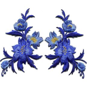Royal Blue Flowers Pair Floral Bouquet Boho Embroidered Appliques Iron-on Patches Pair S-830