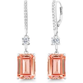 Gem Stone King 925 Sterling Silver Peach Nano Morganite and White Topaz Dangle Earrings For Women (13.56 Cttw, Emerald Cut 14X10MM)