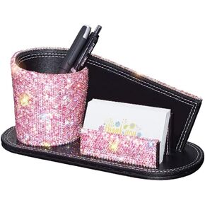 KEYPOWER Pen Pencil Holder Business Name Cards Decorative Bling Crystal Rhinestone PU Leather Gift for Women Girls (Pink)