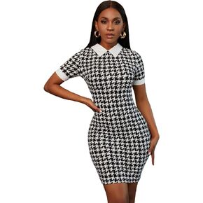 Floerns Women's Houndstooth Print Contrast Collar Short Sleeve Bodycon Mini Dress