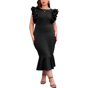 VERWIN Plus Size Women's Ruffle Sleeveless Bodycon Mermaid Midi Dress Prom Dress
