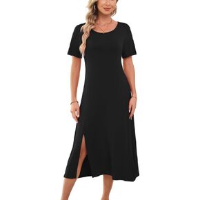 POPZONE Women's Summer Short Sleeve Casual Front Slit Soft T-Shirt Dress