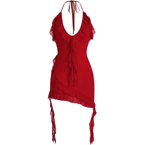 SOLY HUX Women's Ruffle Trim Mesh Halter Bodycon Cami Dress Tie Backless Mini Dresses