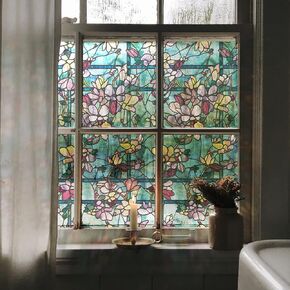 Static Cling Window Privacy Film Stained Glass, Single-sided Hand-Drawn Door Window Film Decorative for Home UV Protection/Heat Insulation, Summer Red Tulip, 22.83" Wide