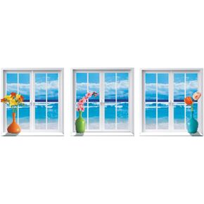 Beach Seascape Window Wall Stickers,3 Pcs Pretty Plum Tulip with Blue Ocean Removable 3D Window View Decals Home Decor for Family Living Room Office Sofa Background Decoration(11.2x12 inches)