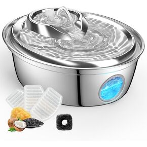 ORSDA Cat Water Fountain Stainless Steel, Automatic Pet Water Fountain, 67oz/2L Drinking Fountain Dog Water Dispenser with Water Level Window for Cats and Small Dogs- 6Pcs Filters (D36)