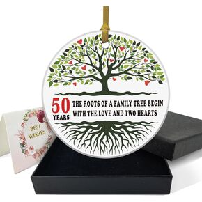 REWIDPARTY 10th Wedding Anniversary Ornament Family Tree Decoration 10 Years as Mr and Mrs Holiday Keepsake Married Anniversary for Couple Gifts 3" Circle Ceramic Ornament with Gold Ribbon & Gift Box