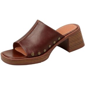 Women'S Soft Leather Open Toe Chunky Block Heel Sandals,Slip-On Square Toe Stacked High Heel Sandals,Comfortable Non-Slip Fashion Retro Wedge Casual Slippers