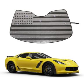 Front Windshield Sunshade for Chevrolet Corvette C7 2014-2019, Front Window Sun Shade, Foldable Reflective Sun Visor, Screen Shield Cover UV Blocker Protector HeatShield with Suction Cups_US Flag