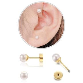 2Pairs Flat Back Dainty Pearl Earrings for Women - 14K Gold Hypoallergenic Cartilage Earring 3mm 5mm Faux Pearl Stud Earrings Screw Back Gold Stud Earrings for Women, Suitable Gifts for Women
