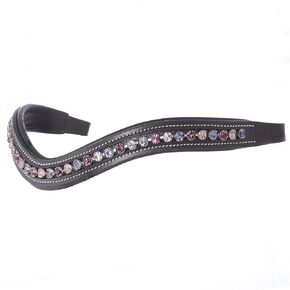 Curved Padded Bling Crystal Leather Browband for Horse Bridles | Diamond Decorated Bling English Dressage Browbands | Fuchsia, Light Rose, Tanzanite | Black, Full