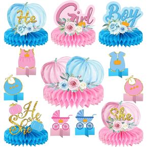 12 Pcs Baby Shower Party Decoration He or She Boy or Girl Centerpieces for Table Gender Reveal Honeycomb Centerpieces Baby Shower Table Topper Fall Pumpkin Party Decor for Baby Shower Supplies