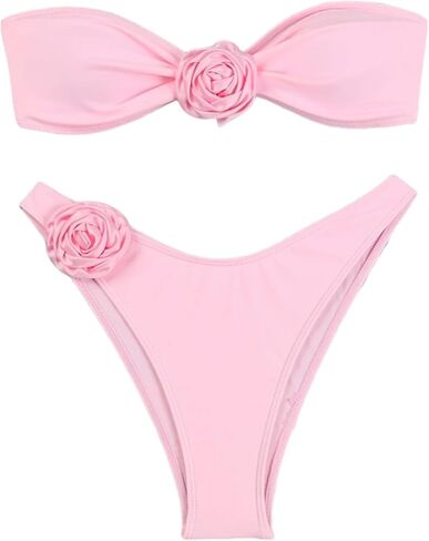 Women's 2 Piece Bandeau Bikini Sets Swimsuits Tie Side Ribbed Strapless High Cut Cheeky Bathing Suit in Saudi Arabia