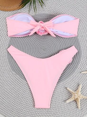 Women's 2 Piece Bandeau Bikini Sets Swimsuits Tie Side Ribbed Strapless High Cut Cheeky Bathing Suit in Saudi Arabia