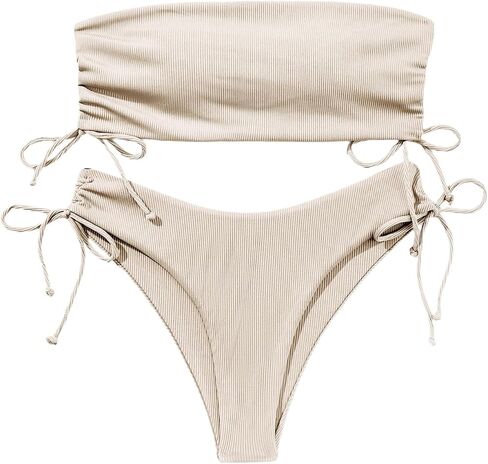 Women's 2 Piece Bandeau Bikini Sets Swimsuits Tie Side Ribbed Strapless High Cut Cheeky Bathing Suit in Saudi Arabia
