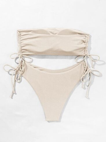 Women's 2 Piece Bandeau Bikini Sets Swimsuits Tie Side Ribbed Strapless High Cut Cheeky Bathing Suit in Saudi Arabia