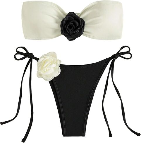 Women's 2 Piece Bandeau Bikini Sets Swimsuits Tie Side Ribbed Strapless High Cut Cheeky Bathing Suit in Saudi Arabia
