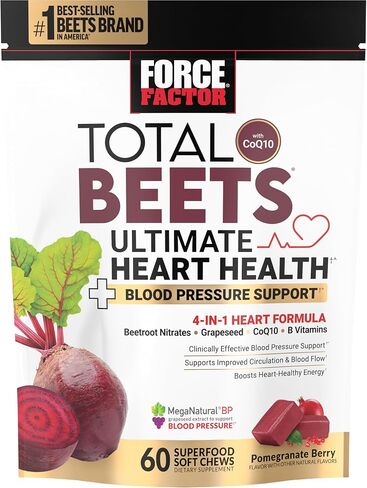 FORCE FACTOR Total Beets Ultimate Heart Health Blood Pressure Support Chews with CoQ10, Beet Root Powder, Grape Seed Extract, Blood Pressure Supplement for Circulation & Blood Flow, 60 Soft Chews in Saudi Arabia