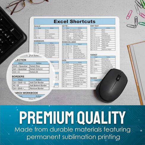 لوحة ماوس Excel Shortcuts - 7.75 × 9.25 × 0.2 بوصة - 66 أمرًا - أداة الإنتاجية المثالية - دليل مرجعي سهل للتنقل الفعال في Excel (أسود) in Saudi Arabia