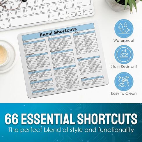 لوحة ماوس Excel Shortcuts - 7.75 × 9.25 × 0.2 بوصة - 66 أمرًا - أداة الإنتاجية المثالية - دليل مرجعي سهل للتنقل الفعال في Excel (أسود) in Saudi Arabia