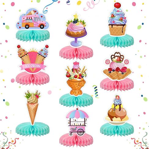 9 Pieces Ice Cream Party Honeycomb Centerpieces Ice Cream Party Suppies Ice Cream Paper Centerpiece Table Toppers for Ice Cream Theme Birthday Party Supplies Decorations in Saudi Arabia
