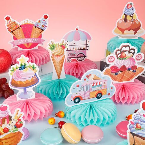 9 Pieces Ice Cream Party Honeycomb Centerpieces Ice Cream Party Suppies Ice Cream Paper Centerpiece Table Toppers for Ice Cream Theme Birthday Party Supplies Decorations in Saudi Arabia