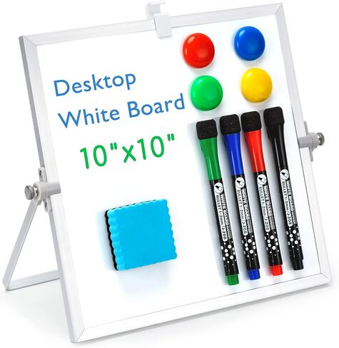 Dry Erase White Board, 10inX10in Magnetic Desktop Whiteboard with Stand, 10 Markers, 4 Magnets, 1 Eraser, Portable Double-Sided White Board Easel for Office, Home, School, Kids Drawing, Memo in Saudi Arabia
