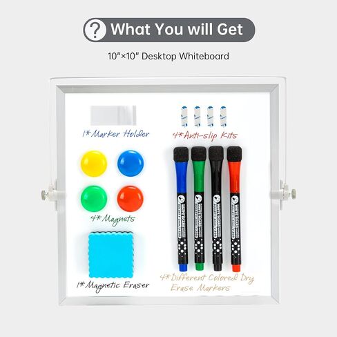Dry Erase White Board, 10inX10in Magnetic Desktop Whiteboard with Stand, 10 Markers, 4 Magnets, 1 Eraser, Portable Double-Sided White Board Easel for Office, Home, School, Kids Drawing, Memo in Saudi Arabia