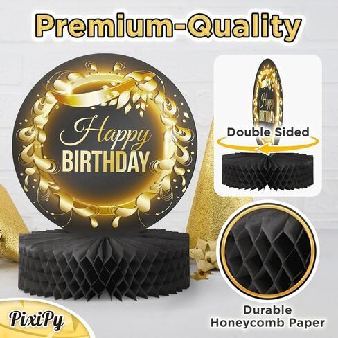 Happy Birthday Table Decoration Centerpieces (4 Pack, Black & Rose Gold), Double-Sided Happy Birthday Centerpieces for Tables, Party Supplies for Elegant Birthday Decorations by PixiPy in Kuwait