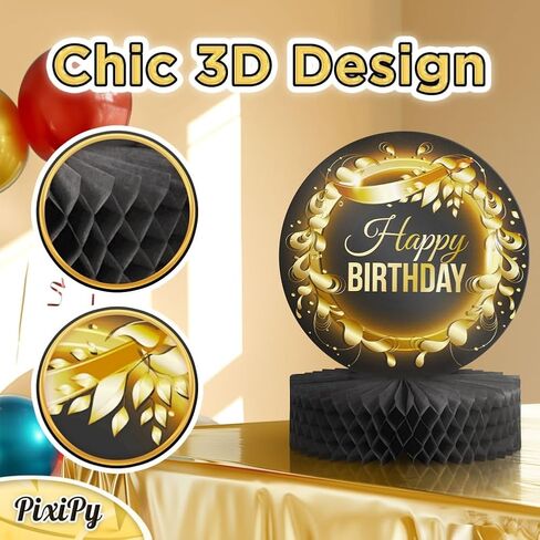 Happy Birthday Table Decoration Centerpieces (4 Pack, Black & Rose Gold), Double-Sided Happy Birthday Centerpieces for Tables, Party Supplies for Elegant Birthday Decorations by PixiPy in Kuwait
