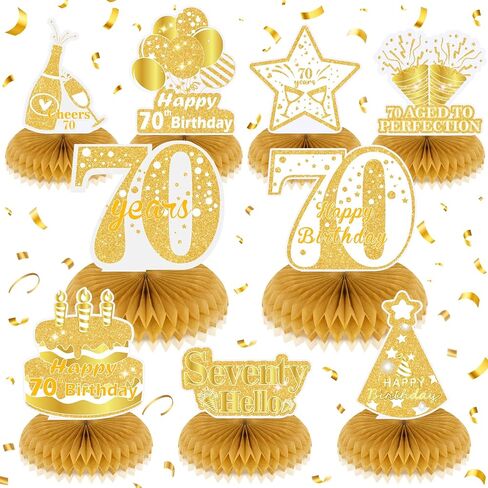 9 قطع من الذهب الأبيض زينة عيد الميلاد السبعين للنساء من الذهب الأبيض السعيد لعيد الميلاد السبعين على شكل قرص العسل للنساء والرجال زينة لطاولات حفلات أعياد الميلاد السبعين، لوازم حفلات عمرها سبعون عامًا in Kuwait