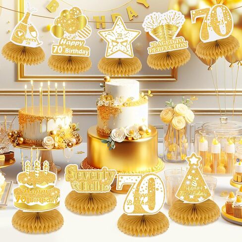 9 قطع من الذهب الأبيض زينة عيد الميلاد السبعين للنساء من الذهب الأبيض السعيد لعيد الميلاد السبعين على شكل قرص العسل للنساء والرجال زينة لطاولات حفلات أعياد الميلاد السبعين، لوازم حفلات عمرها سبعون عامًا in Kuwait