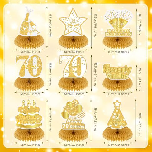 9 قطع من الذهب الأبيض زينة عيد الميلاد السبعين للنساء من الذهب الأبيض السعيد لعيد الميلاد السبعين على شكل قرص العسل للنساء والرجال زينة لطاولات حفلات أعياد الميلاد السبعين، لوازم حفلات عمرها سبعون عامًا in Kuwait