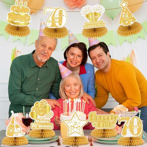 9 قطع من الذهب الأبيض زينة عيد الميلاد السبعين للنساء من الذهب الأبيض السعيد لعيد الميلاد السبعين على شكل قرص العسل للنساء والرجال زينة لطاولات حفلات أعياد الميلاد السبعين، لوازم حفلات عمرها سبعون عامًا in Kuwait