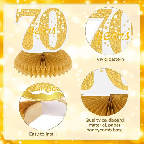 9 قطع من الذهب الأبيض زينة عيد الميلاد السبعين للنساء من الذهب الأبيض السعيد لعيد الميلاد السبعين على شكل قرص العسل للنساء والرجال زينة لطاولات حفلات أعياد الميلاد السبعين، لوازم حفلات عمرها سبعون عامًا in Kuwait