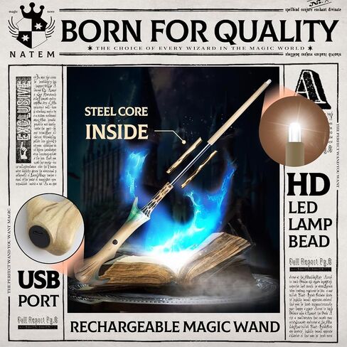 Natem Light Up Wizard Wand, Rechargeable Lighting Witch Wands, Illuminating Magic Witches Staff Wand for Cosplay Accessories with Necklace for Halloween Birthday Party Gift (Fidelity) in Saudi Arabia