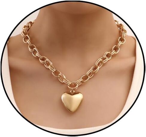 Chunky Gold Necklace for Women, Gold Silver Heart Choker Necklace Thick Cuban Chain Necklace Pirate Jewelry Punk 80s 90s Jewelry for Women Prom Costume in Saudi Arabia