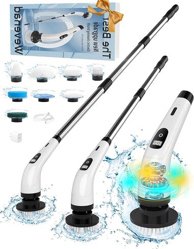 Electric Spin Scrubber,Shower Scrubber IPX7 Waterproof with 8 Replaceable Brush Heads and Adjustable Removable Extension Handle,3 Adjustable Speeds,Suitable for Bathtub Tile Floor (White) in Saudi Arabia