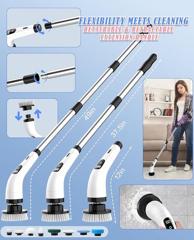 Electric Spin Scrubber,Shower Scrubber IPX7 Waterproof with 8 Replaceable Brush Heads and Adjustable Removable Extension Handle,3 Adjustable Speeds,Suitable for Bathtub Tile Floor (White) in Saudi Arabia