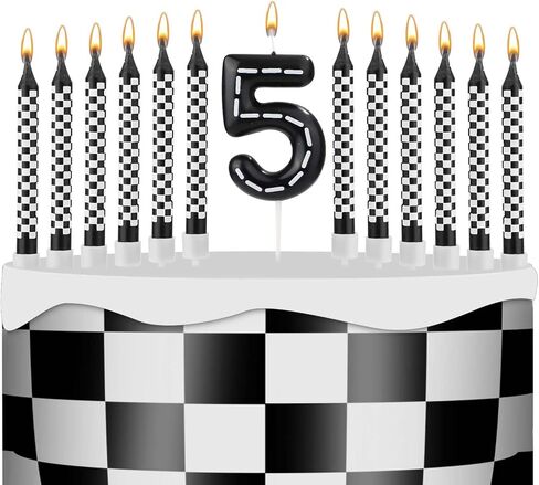 13pcs Racing Cars Themed Birthday Candles, Black and White Checkered Race Car Candles Birthday Cake Numeral Candle Cake Topper for Party Decoration Baby Shower Party Supplies (Number 5) in Saudi Arabia