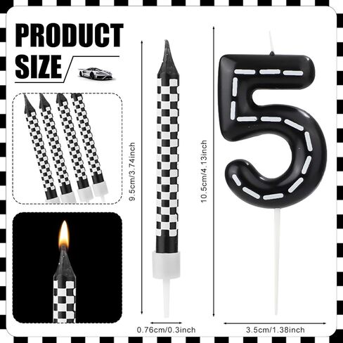13pcs Racing Cars Themed Birthday Candles, Black and White Checkered Race Car Candles Birthday Cake Numeral Candle Cake Topper for Party Decoration Baby Shower Party Supplies (Number 5) in Saudi Arabia