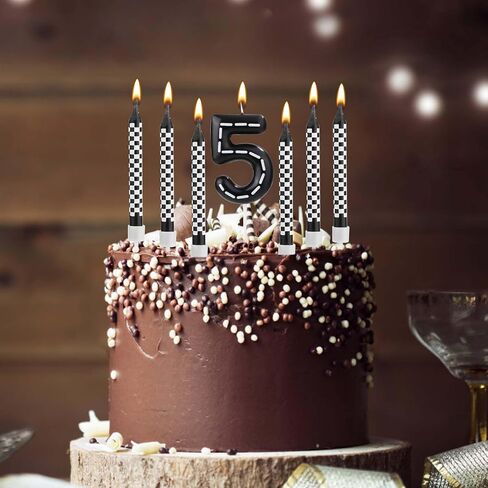 13pcs Racing Cars Themed Birthday Candles, Black and White Checkered Race Car Candles Birthday Cake Numeral Candle Cake Topper for Party Decoration Baby Shower Party Supplies (Number 5) in Saudi Arabia