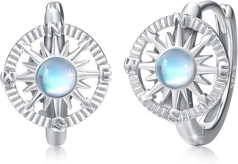 أقراط البوصلة 925 من الفضة الإسترليني Moonstone North Star Huggie هوب أقراط البوصلة البحرية مجوهرات هدية عيد ميلاد للنساء والفتيات in Kuwait