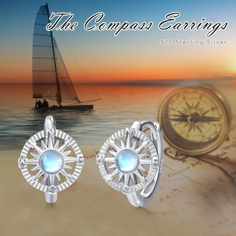 أقراط البوصلة 925 من الفضة الإسترليني Moonstone North Star Huggie هوب أقراط البوصلة البحرية مجوهرات هدية عيد ميلاد للنساء والفتيات in Kuwait