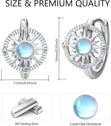 أقراط البوصلة 925 من الفضة الإسترليني Moonstone North Star Huggie هوب أقراط البوصلة البحرية مجوهرات هدية عيد ميلاد للنساء والفتيات in Kuwait