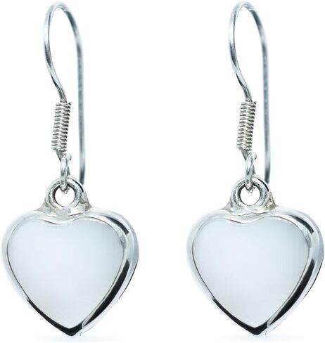Sterling Silver 925 Petite Dangle Hook Earrings Heart Shape Mother-of-Pearl Inlay Hypoallergenic Jewelry Handmade in Saudi Arabia
