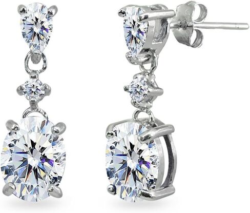 Sterling Silver Oval Three Stone Dangling Stud Earrings Made with AAA Cubic Zirconia in Saudi Arabia