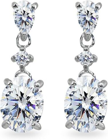 Sterling Silver Oval Three Stone Dangling Stud Earrings Made with AAA Cubic Zirconia in Saudi Arabia