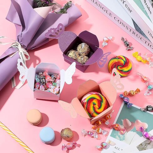 صناديق هدايا فراشات تاتيبانا، 50 قطعة من صناديق حلوى الفراشة لحفلة استقبال المولود الجديد باللون الأرجواني/الوردي، صندوق هدايا على شكل فراشة لامعة لامعة، صناديق هدايا صغيرة على شكل فراشة لمفضلات الحفلات (وردي) in Kuwait